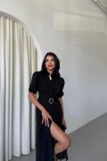 YAKA DÜĞME DETAYLI ELBİSE - Siyah resmi